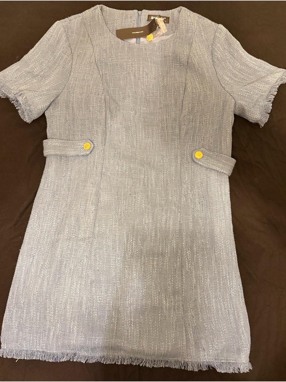 Allegra K Light Blue Tweed Short Sleeve Shift Dress with Yellow Button Accents